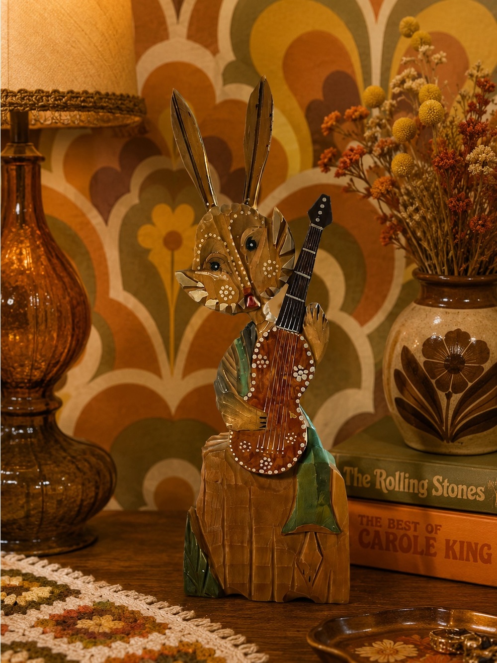 Large Vintage Ukrainian Hand Carved Handpainted Rabbit Hare Guitar Folk Art